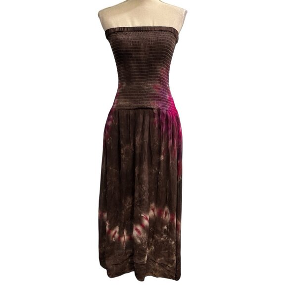 YFB Dress XS Brown Strapless Ombre Tie Dye Smocked Midi Boho Festival Hippie - Picture 1 of 11